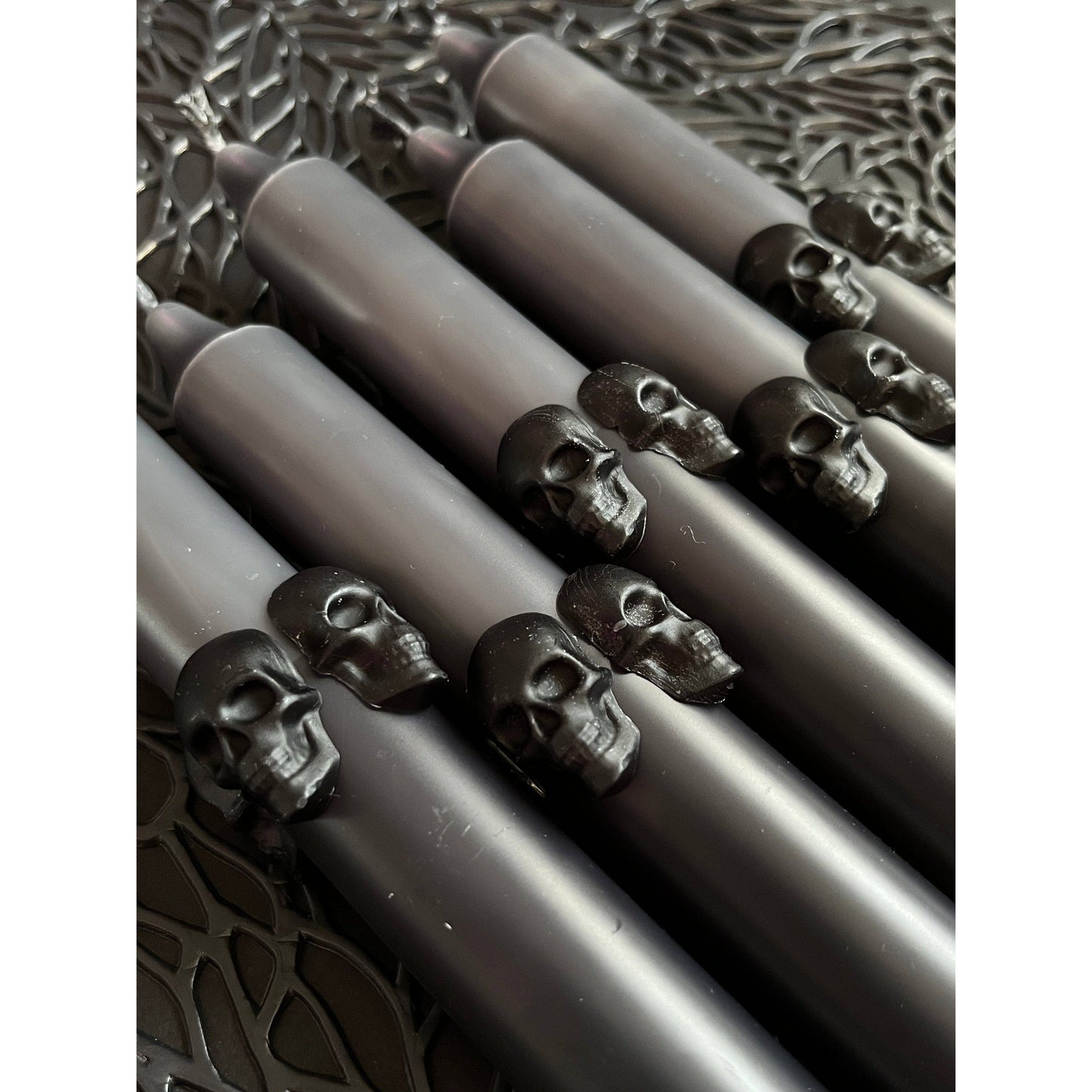 Black and Grey Dip Dye Taper Candle With Skulls - Duo (2 candles)