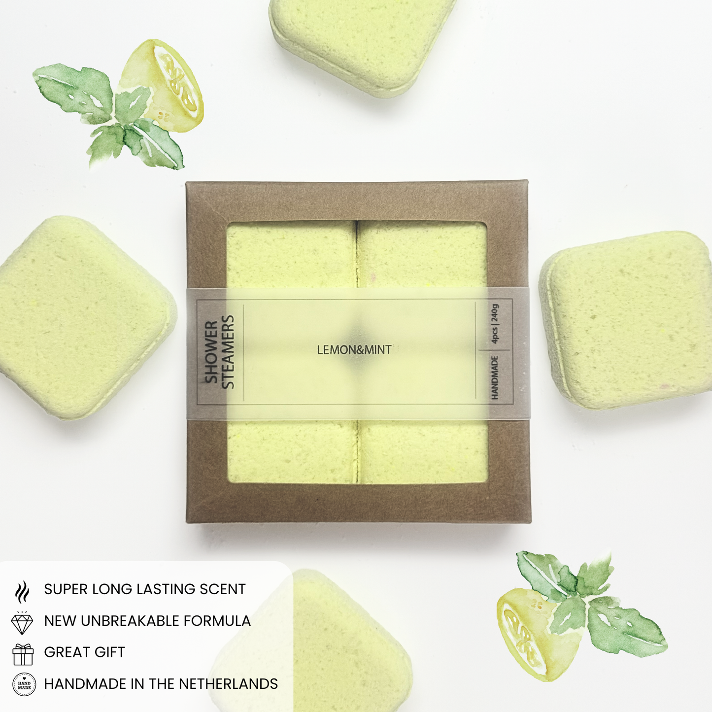 Natural Shower Steamers | Gift Pack 4PCS | Lemon & Mint | 240g