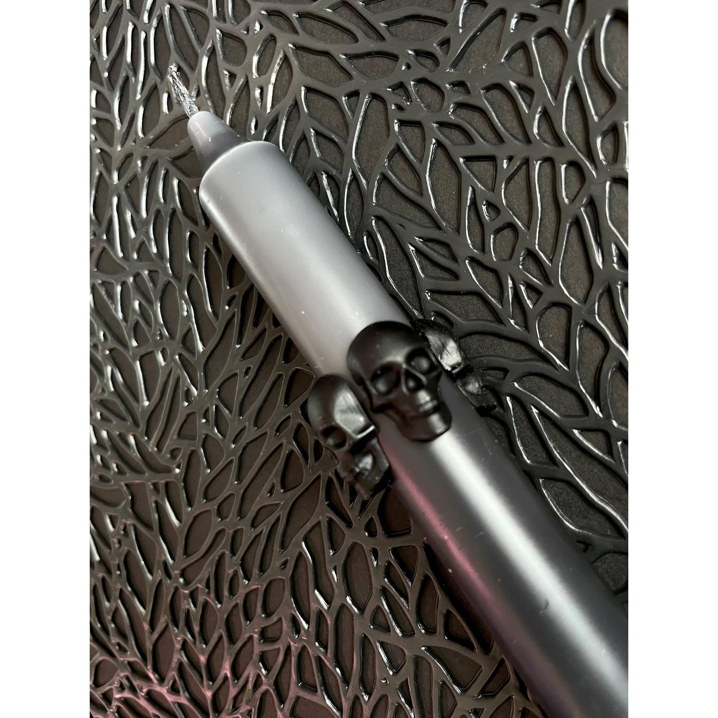 Black and Grey Dip Dye Taper Candle With Skulls - Duo (2 candles)