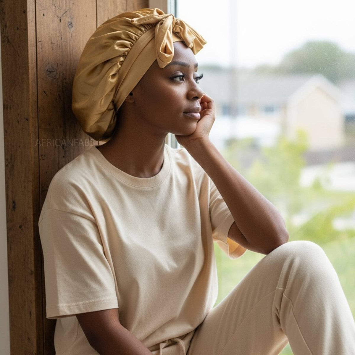 Satin Hair Bonnet with straps - Khaki ( Satin Night sleep cap )