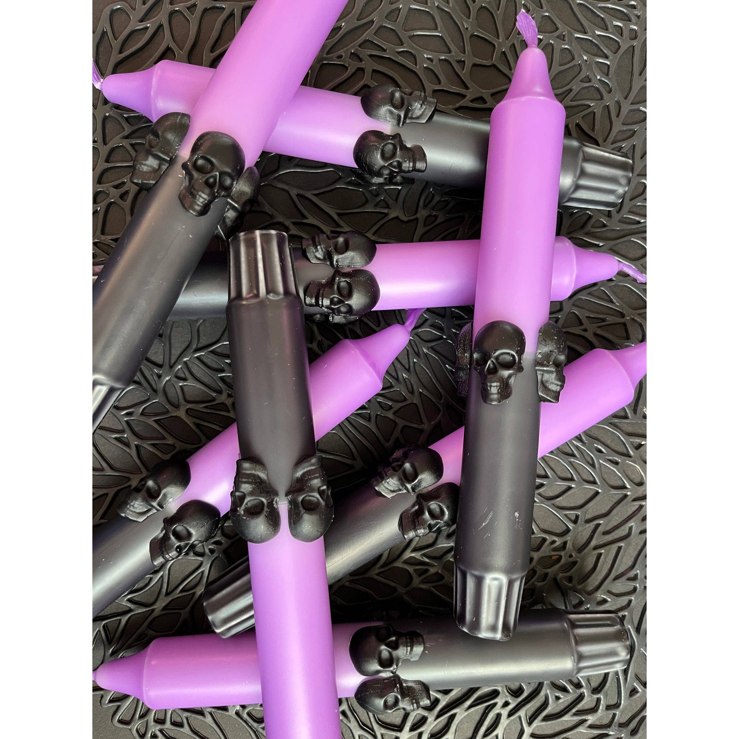 Black and Purple Dip Dye Taper Candle With Skulls - Duo (2 candles)