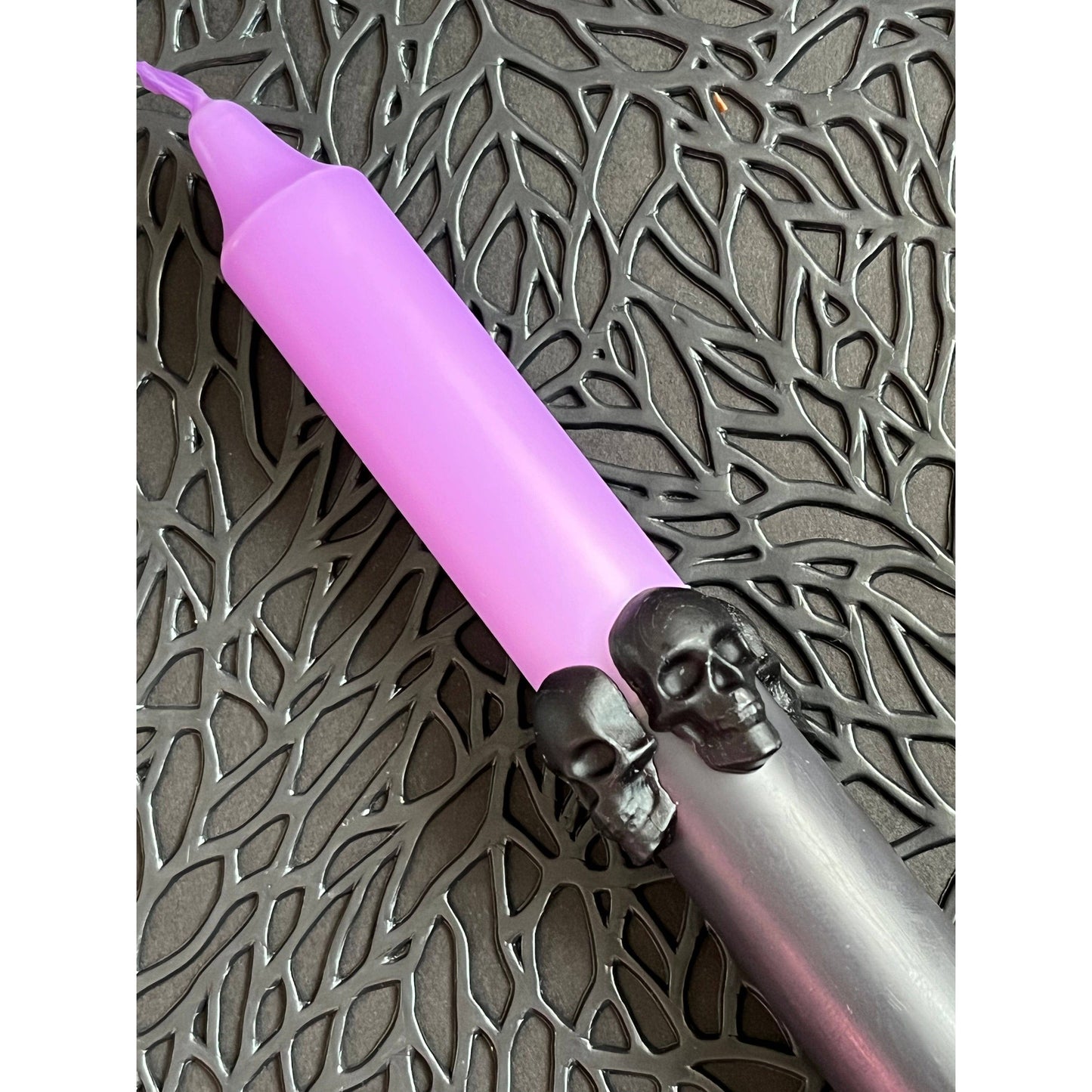 Black and Purple Dip Dye Taper Candle With Skulls - Duo (2 candles)