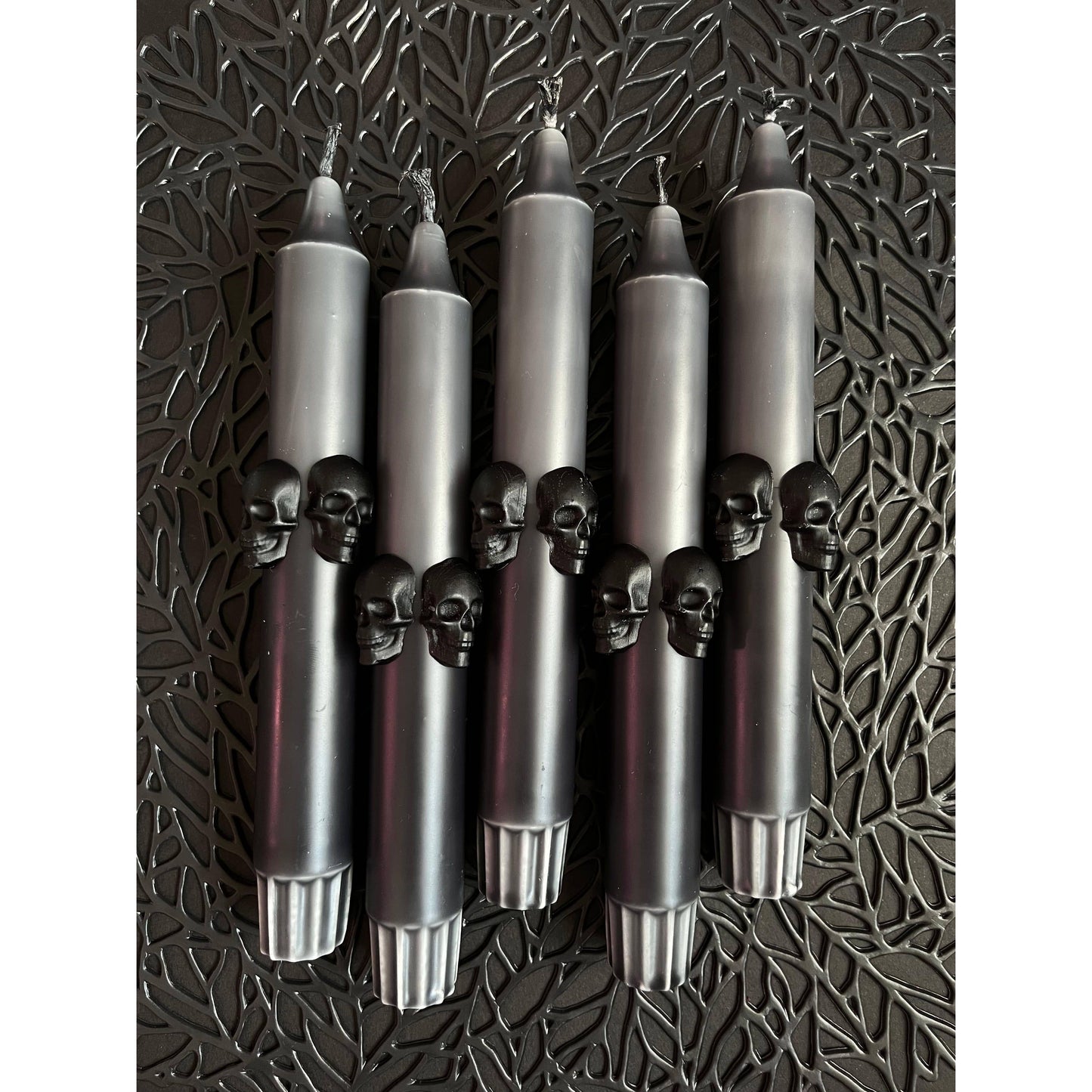 Black and Grey Dip Dye Taper Candle With Skulls - Duo (2 candles)