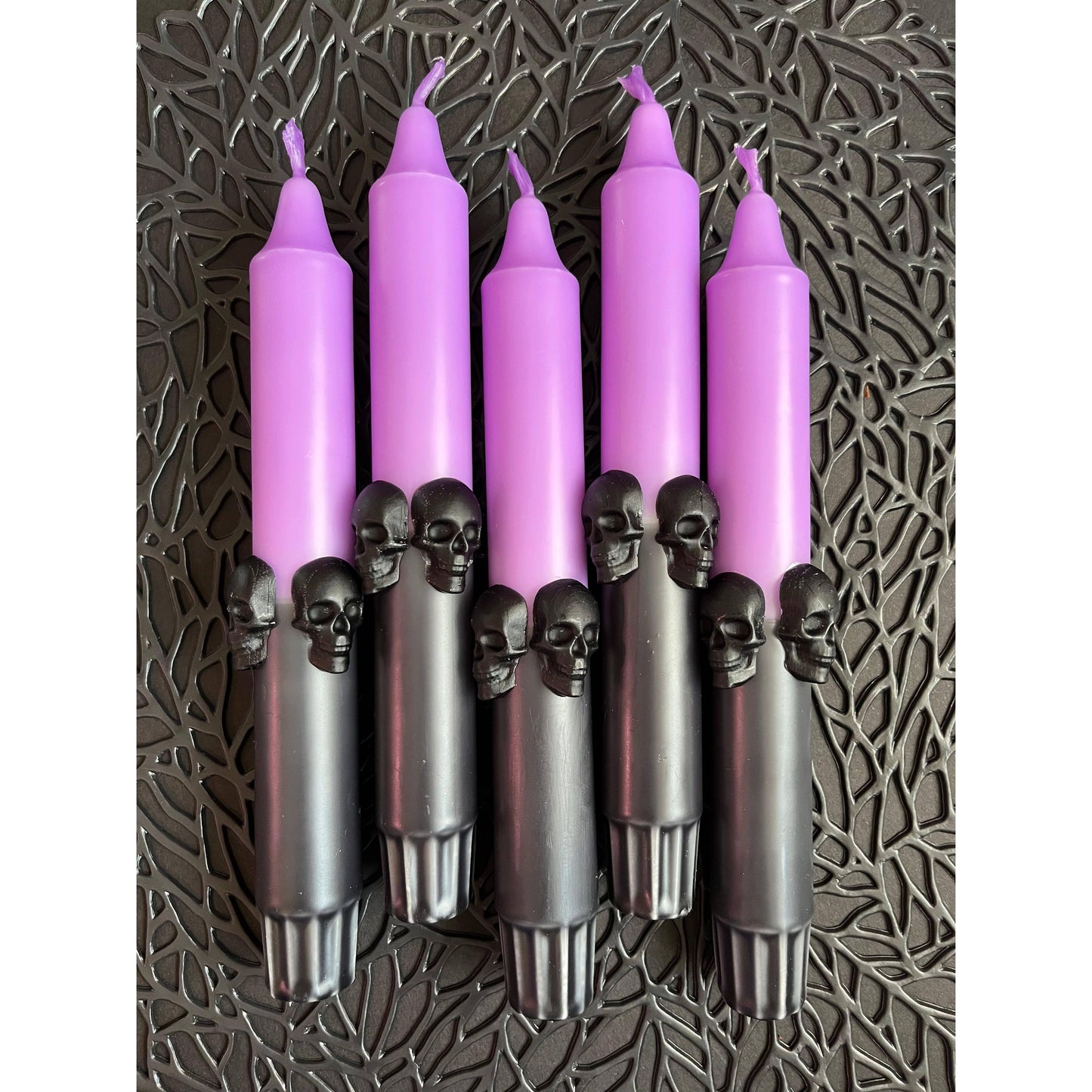 Black and Purple Dip Dye Taper Candle With Skulls - Duo (2 candles)
