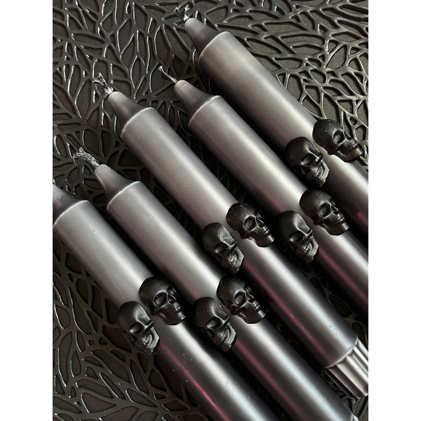 Black and Grey Dip Dye Taper Candle With Skulls - Duo (2 candles)