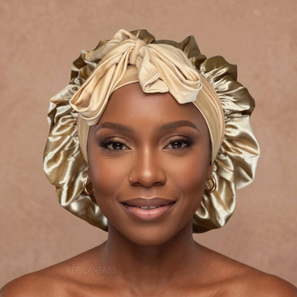 Satin Hair Bonnet with straps - Khaki ( Satin Night sleep cap )