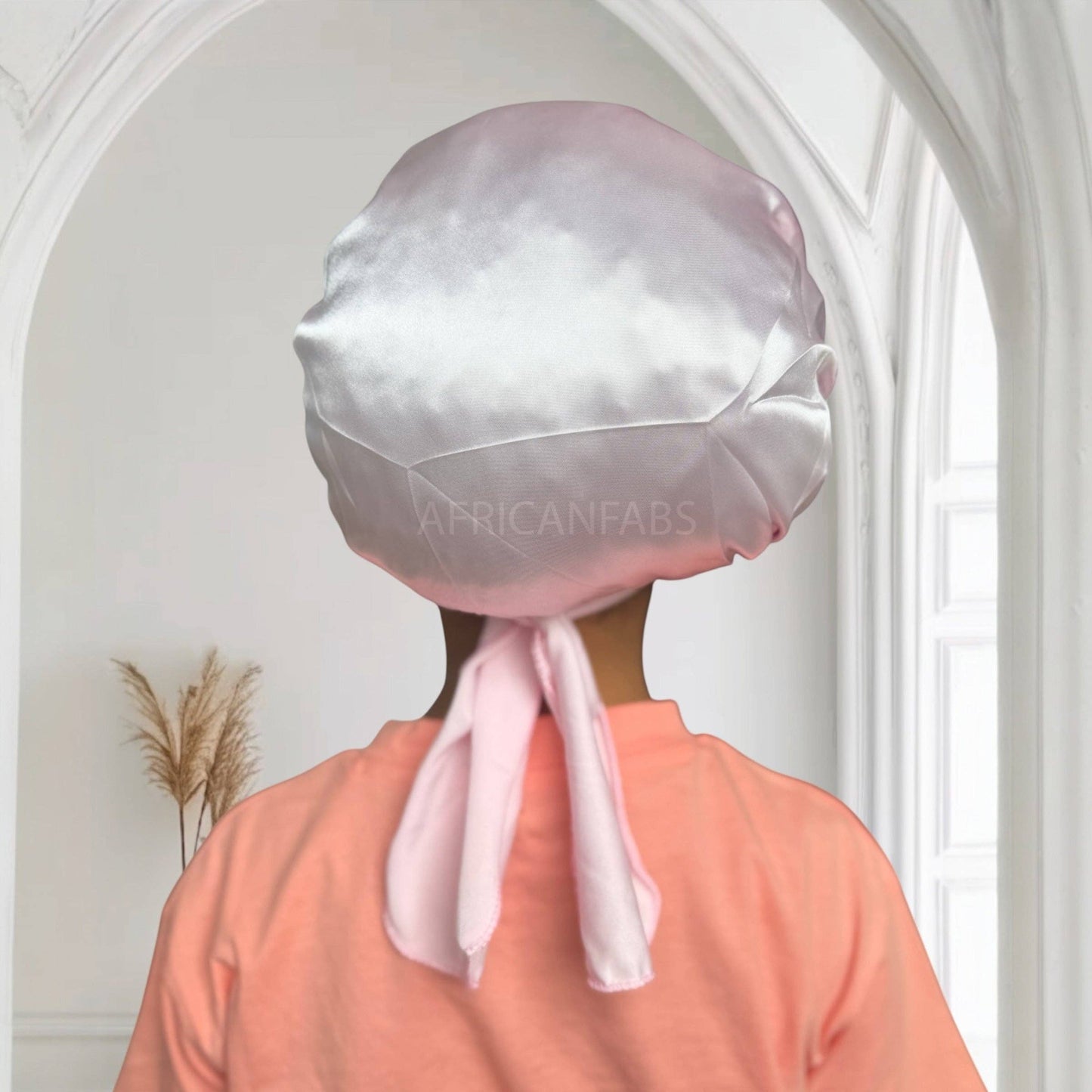 Pink Satin Hair Bonnet with Tie Straps (Kids / Children's size 3-7 years) ( Satin Night sleep cap)