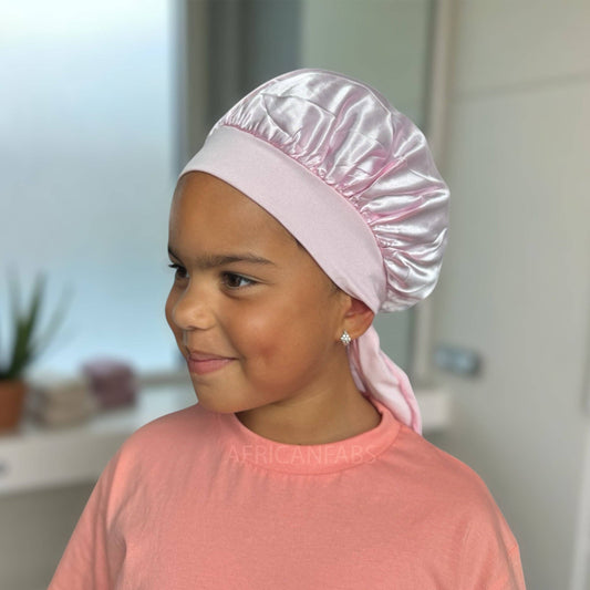 Pink Satin Hair Bonnet with Tie Straps (Kids / Children's size 3-7 years) ( Satin Night sleep cap)